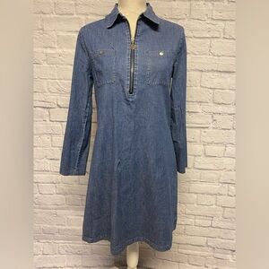 Anne Klein Denim Long Sleeve Shift Tunic Dress Gold Zipper Roll Tab Sz 4